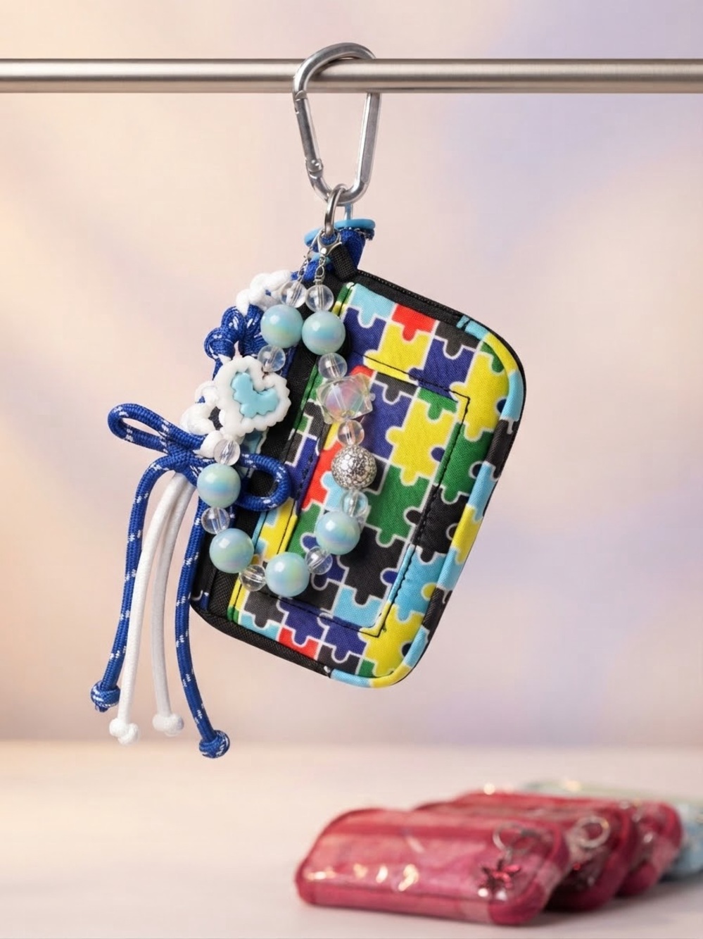 Kids Puzzle-Print wrist wallet with Blue Beaded Charm